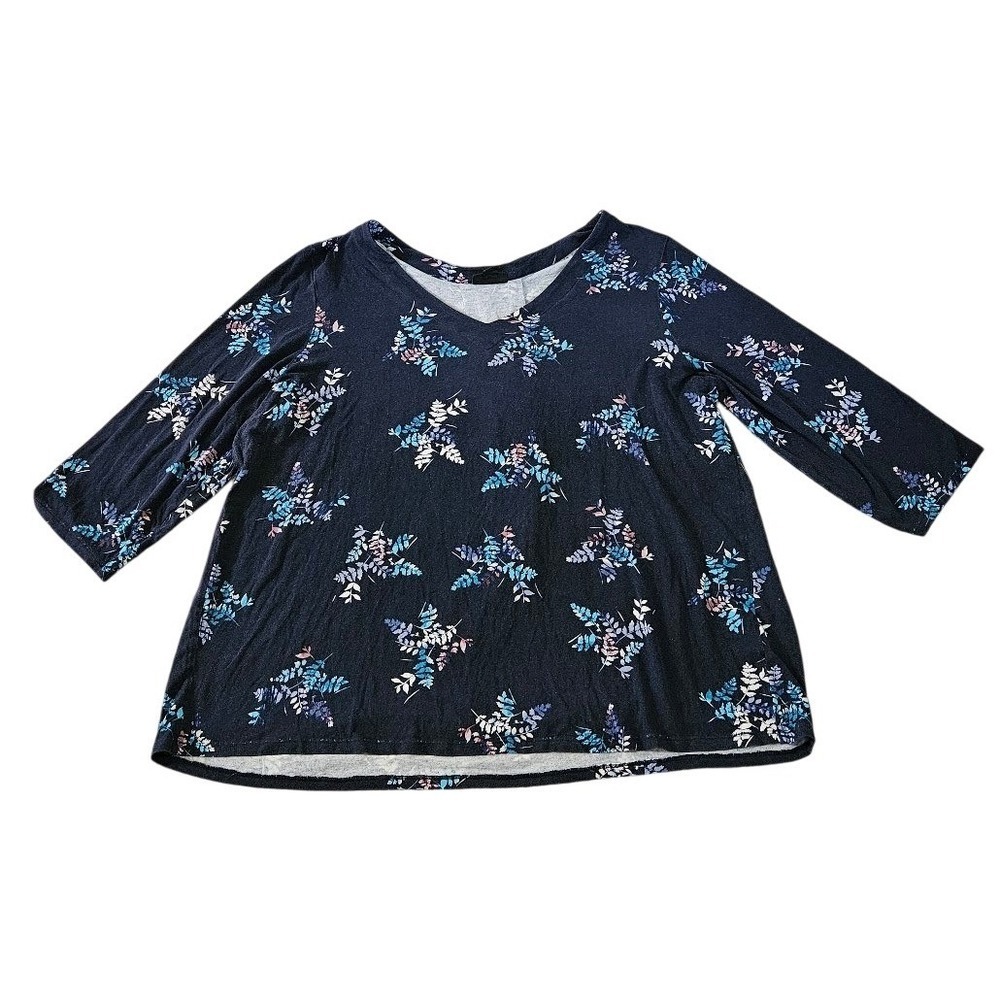 J. Jill Wearever Navy Blue Floral V-Neck 3/4 Sleeve Tunic Top XL Jersey Knit